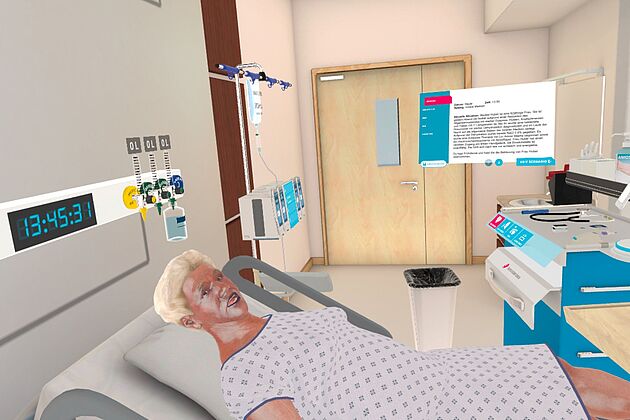 Virtuelles Zimmer mit altem Patienten im Bett
